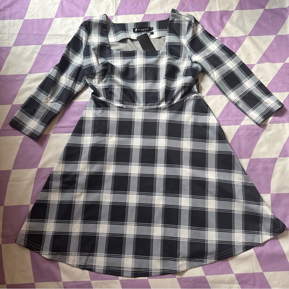 Allegra K Navy & White Plaid Square Neck Skater Dress